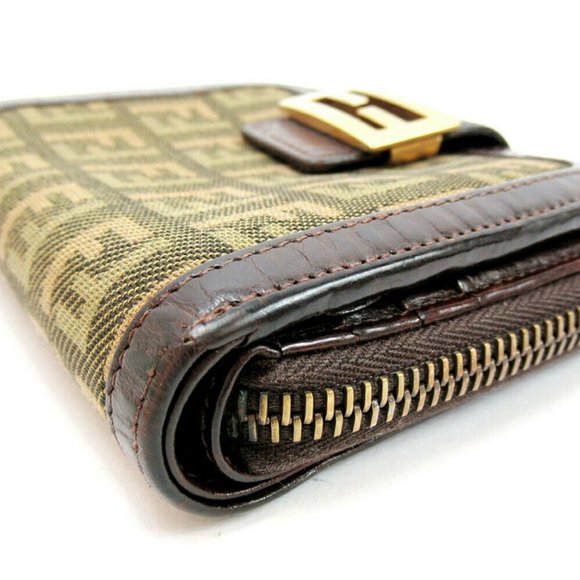 Authentic FENDI Folded Wallet Zucchino Beige Canvas ~ Leather Auth Used - Picture 3 of 9